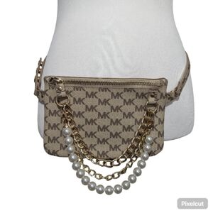 Michael Kors Beige MK Signature Pearl-Chain Mini Belt Bag Size: Medium